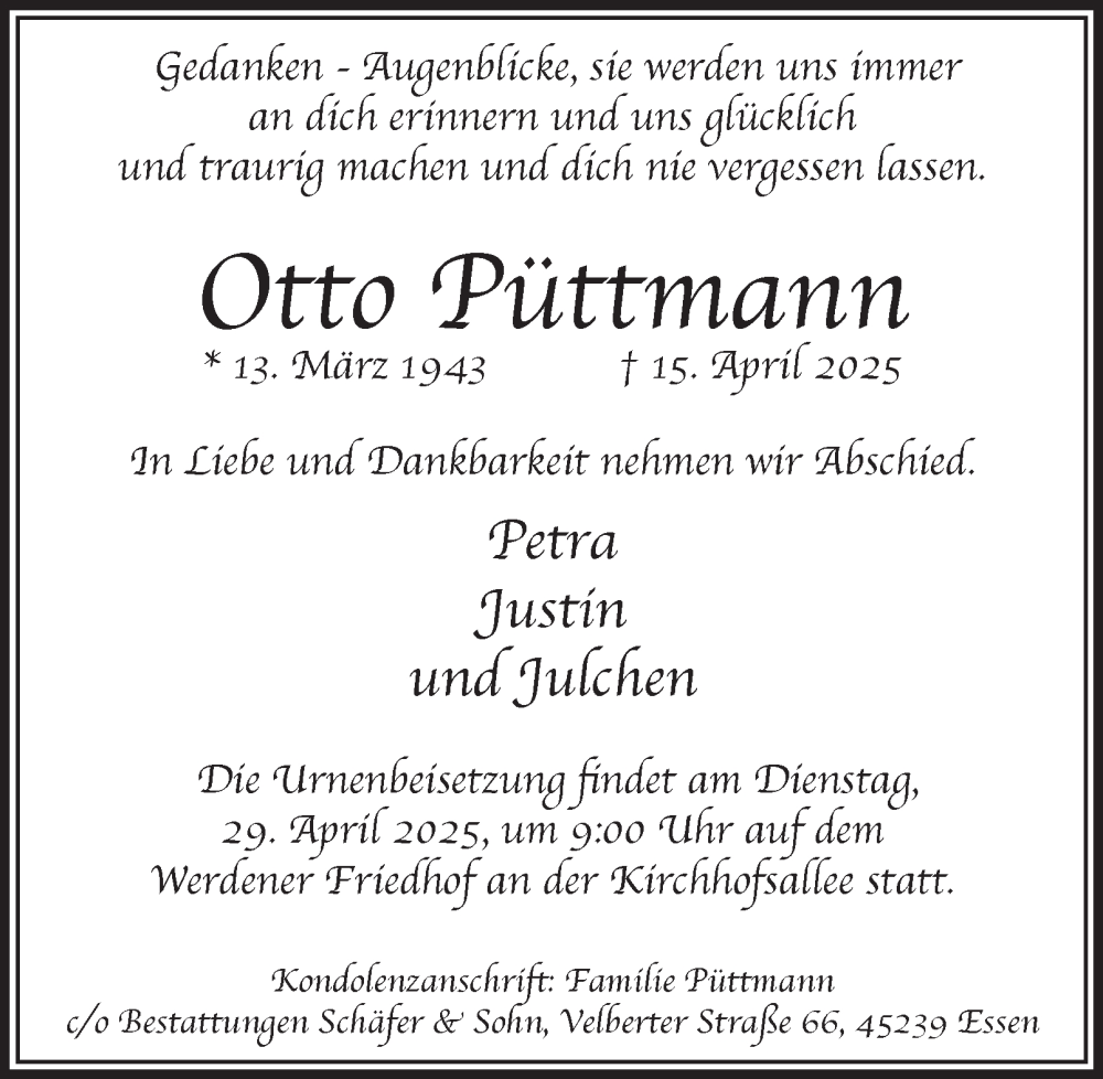  Traueranzeige für Otto Püttmann vom 25.04.2025 aus Tageszeitung