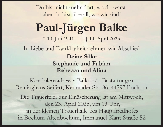Traueranzeige von Paul-Jürgen Balke von Tageszeitung