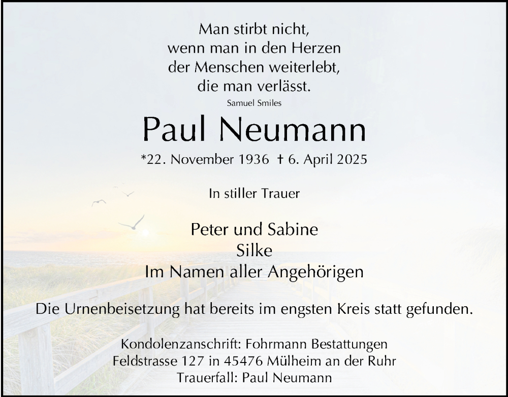  Traueranzeige für Paul Neumann vom 26.04.2025 aus Tageszeitung