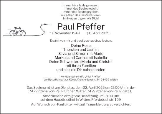 Traueranzeige von Paul Pfeffer von Tageszeitung