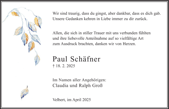 Traueranzeige von Paul Schäfner von Tageszeitung