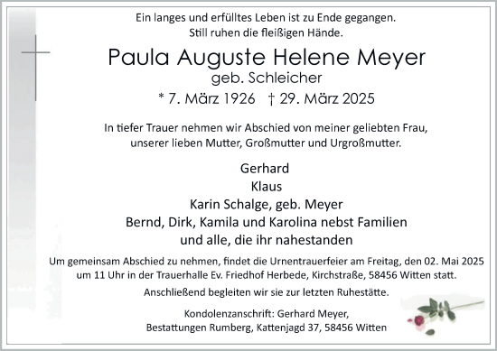 Traueranzeige von Paula  Meyer von Tageszeitung