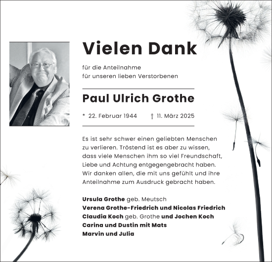 Traueranzeige von Paul Ulrich Grothe von Tageszeitung