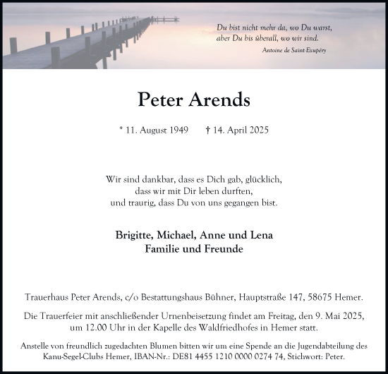 Traueranzeige von Peter Arends von Tageszeitung