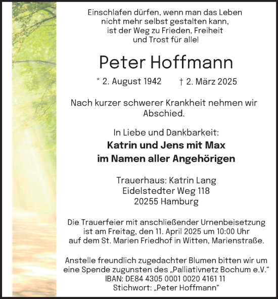 Traueranzeige von Peter Hoffmann von Tageszeitung