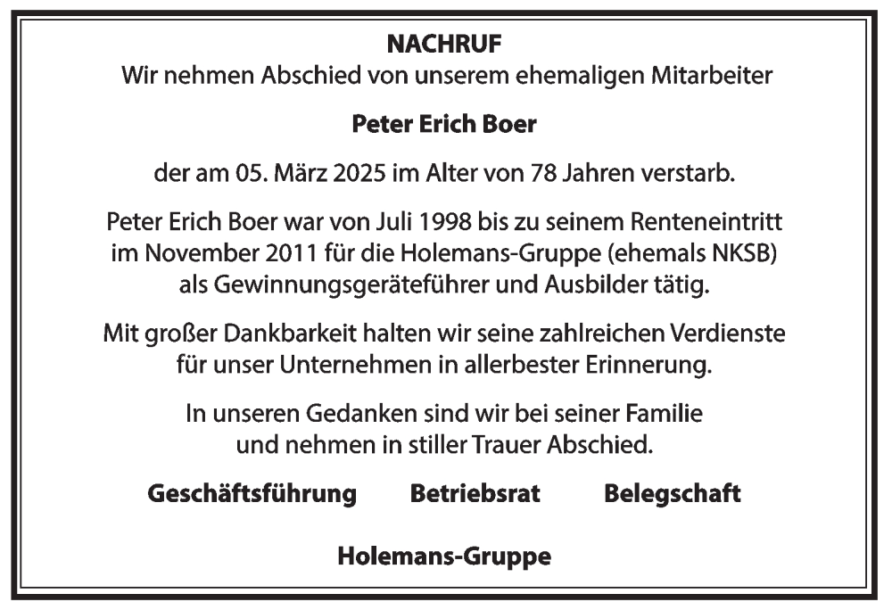 Traueranzeige für Peter Erich Boer vom 05.04.2025 aus Tageszeitung