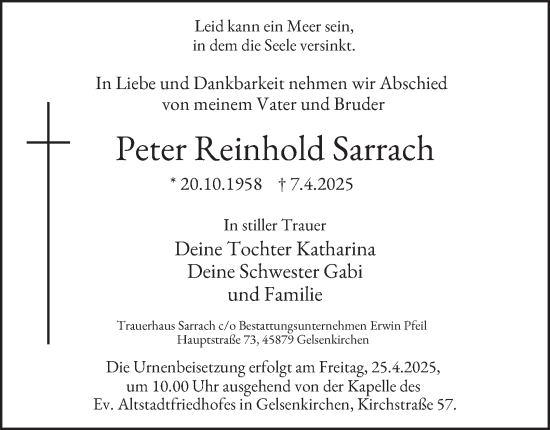 Traueranzeige von Peter Reinhold Sarrach von Tageszeitung