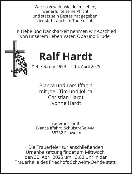 Traueranzeige von Ralf Hardt von Tageszeitung