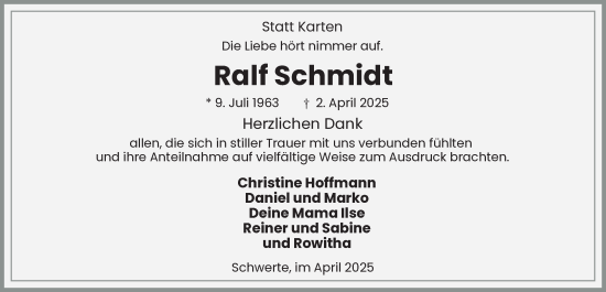 Traueranzeige von Ralf Schmidt von Tageszeitung