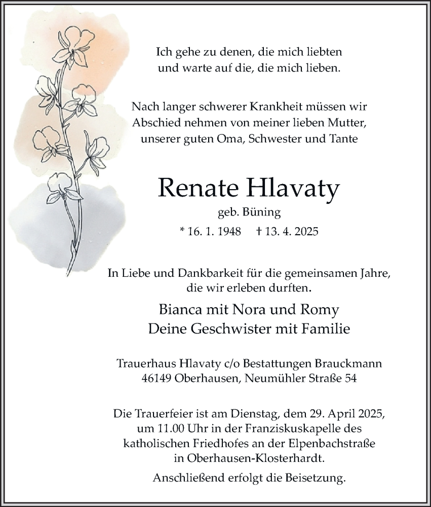  Traueranzeige für Renate Hlavaty vom 26.04.2025 aus Tageszeitung