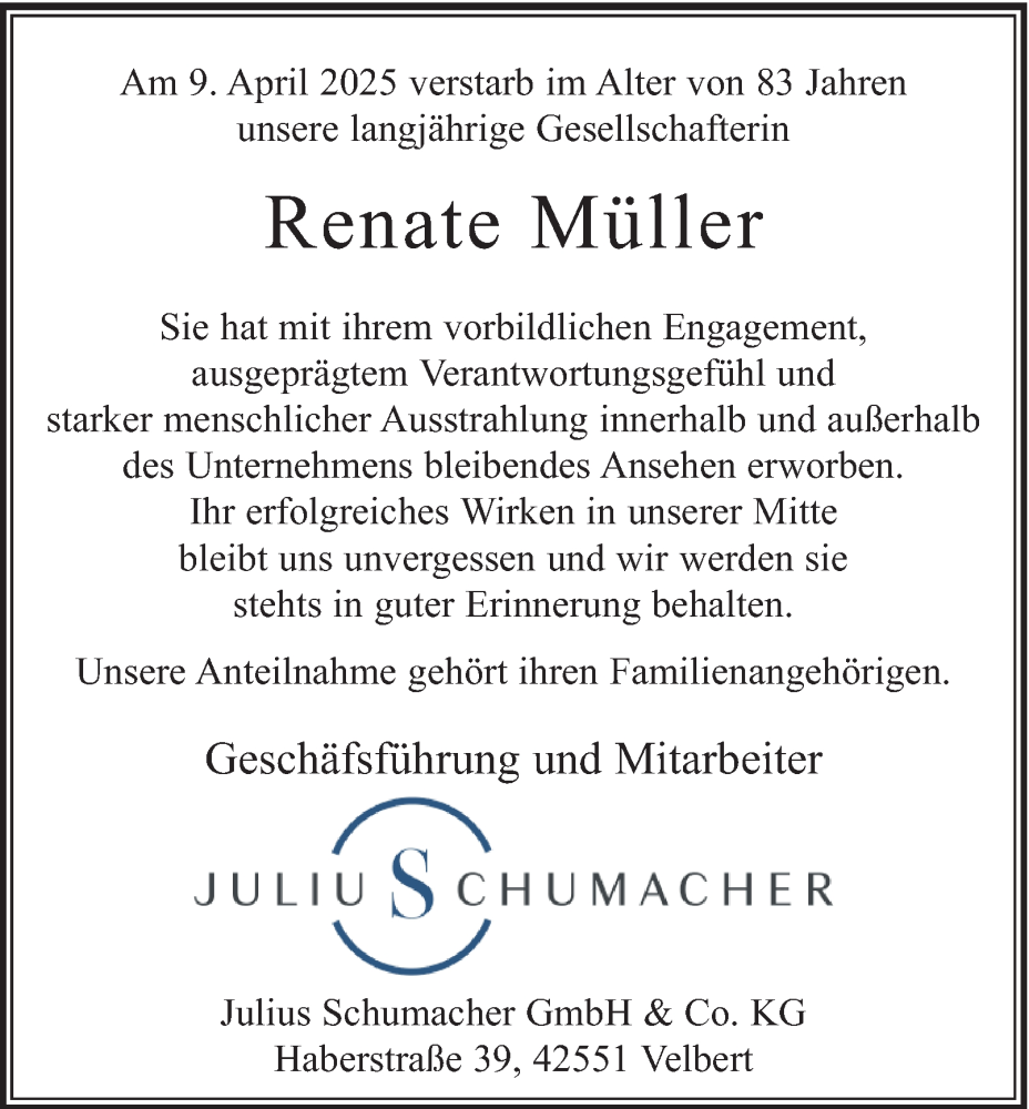  Traueranzeige für Renate Müller vom 26.04.2025 aus Tageszeitung