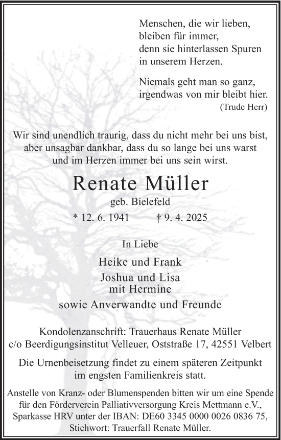 Traueranzeige von Renate Müller von Tageszeitung
