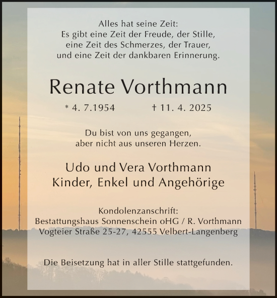 Traueranzeige von Renate Vorthmann von Tageszeitung