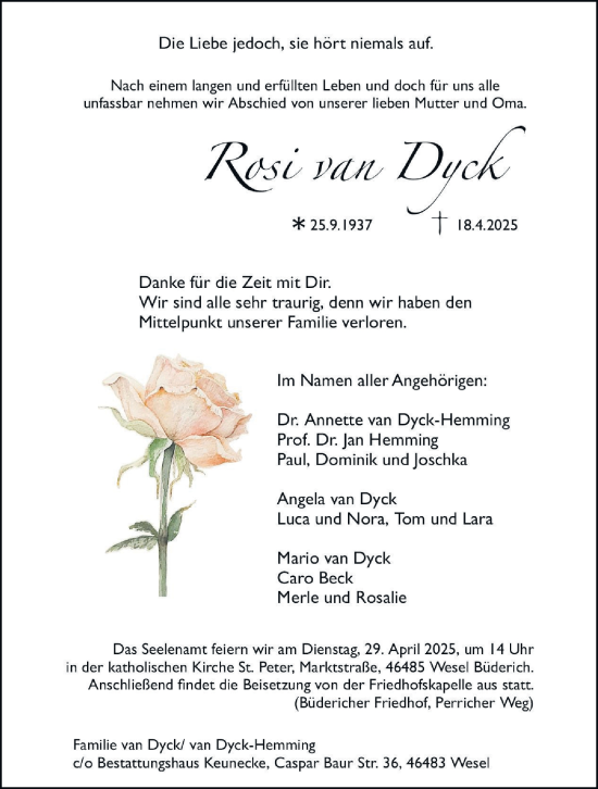 Traueranzeige von Rese van Dyk von Tageszeitung