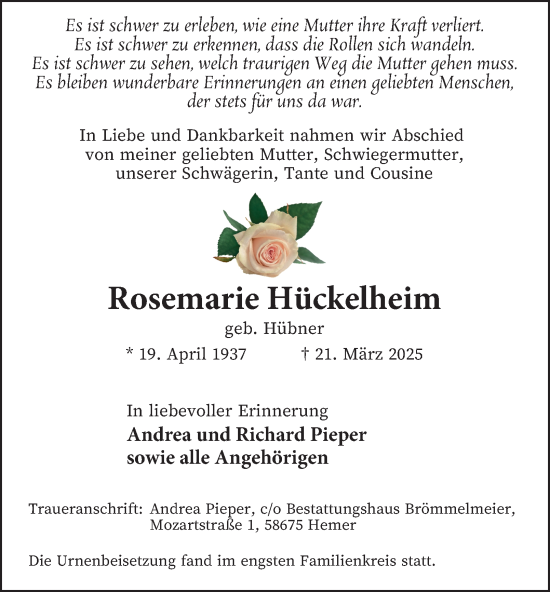 Traueranzeige von Rosemarie Hückelheim von Tageszeitung