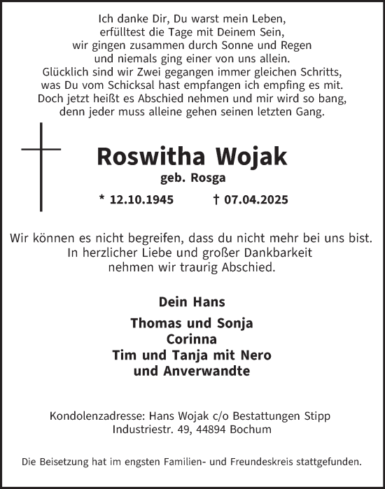 Traueranzeige von Roswitha Wojak von Tageszeitung