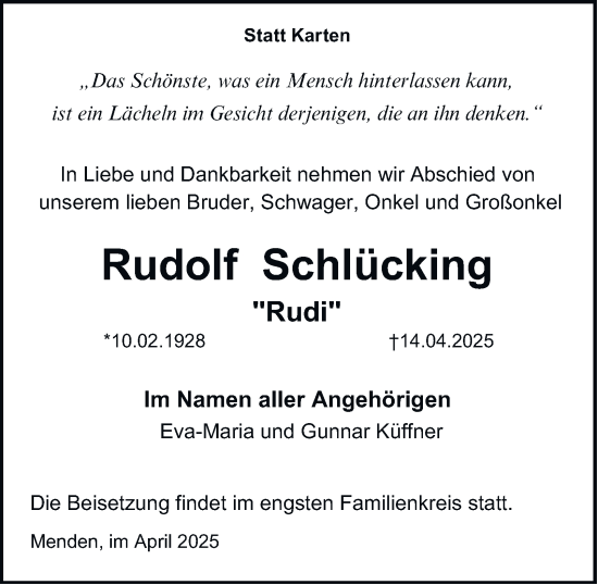 Traueranzeige von Rudolf Schlücking von Tageszeitung