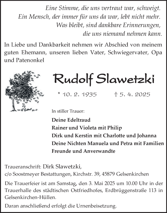 Traueranzeige von Rudolf Slawetzki von Tageszeitung