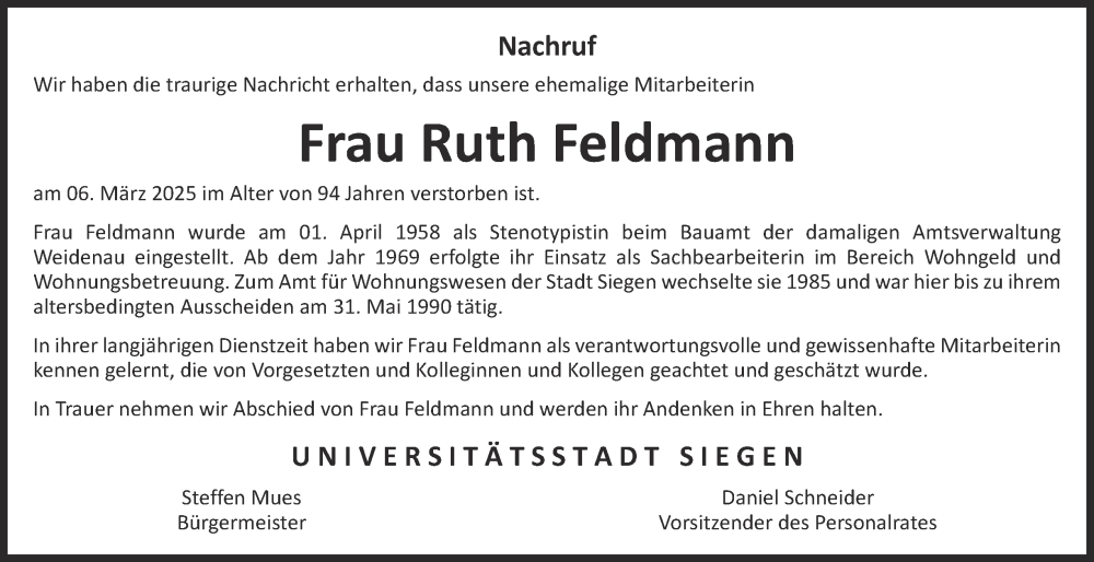  Traueranzeige für Ruth Feldmann vom 28.03.2025 aus Tageszeitung