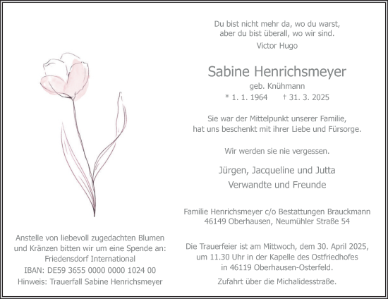 Traueranzeige von Sabine Henrichsmeyer von Tageszeitung