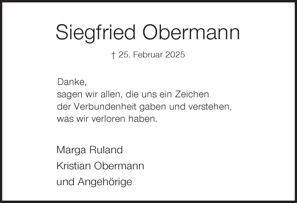 Traueranzeige für Siegfried Obermann vom 26.04.2025 aus Tageszeitung
