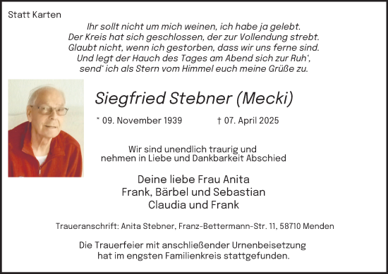Traueranzeige von Siegfried Stebner von Tageszeitung