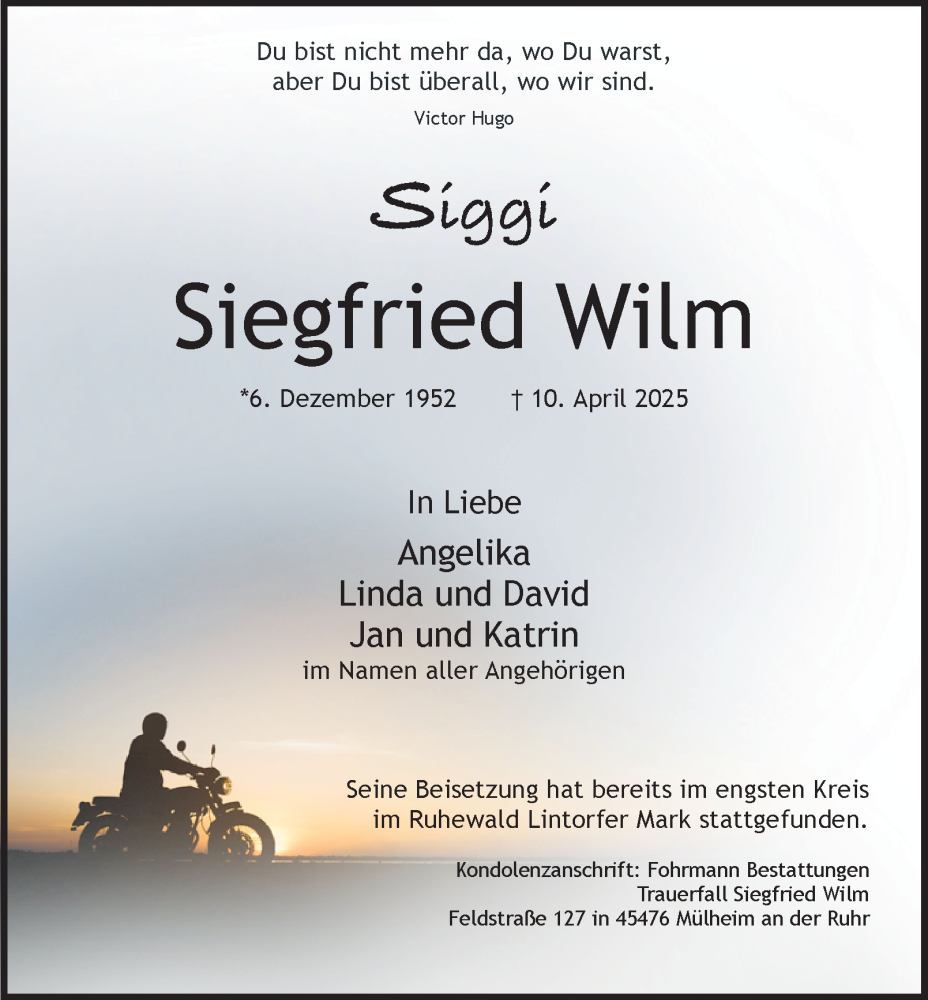  Traueranzeige für Siegfried Wilm vom 26.04.2025 aus Tageszeitung