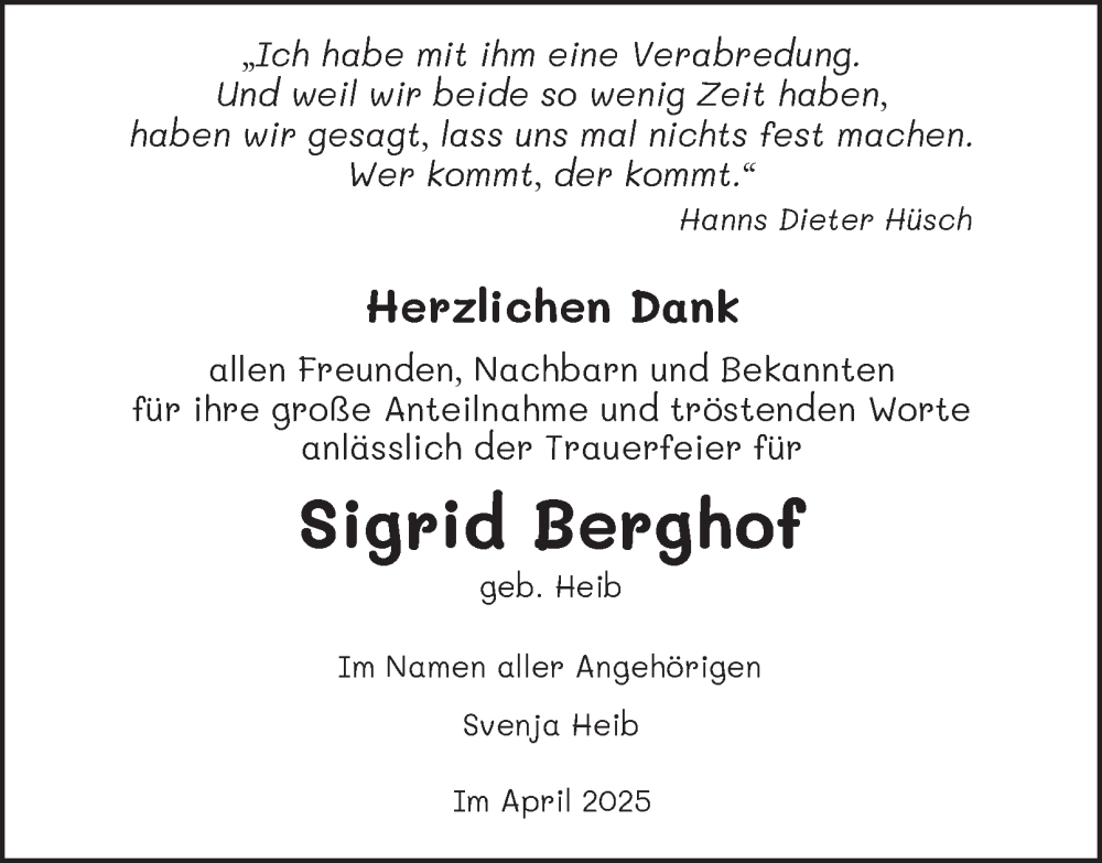  Traueranzeige für Sigrid Berghof vom 26.04.2025 aus Tageszeitung