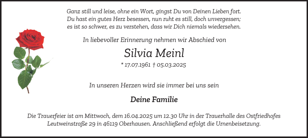  Traueranzeige für Silvia Meinl vom 12.04.2025 aus Tageszeitung