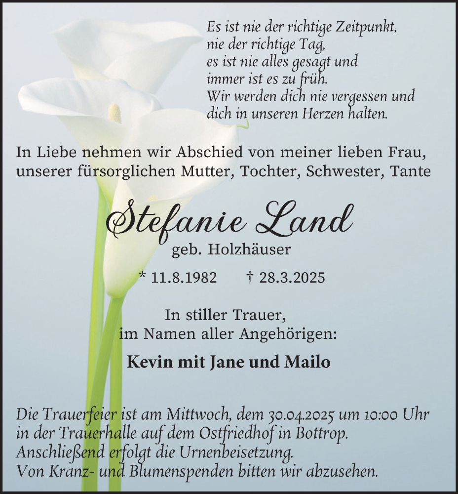  Traueranzeige für Stefanie Land vom 19.04.2025 aus Tageszeitung