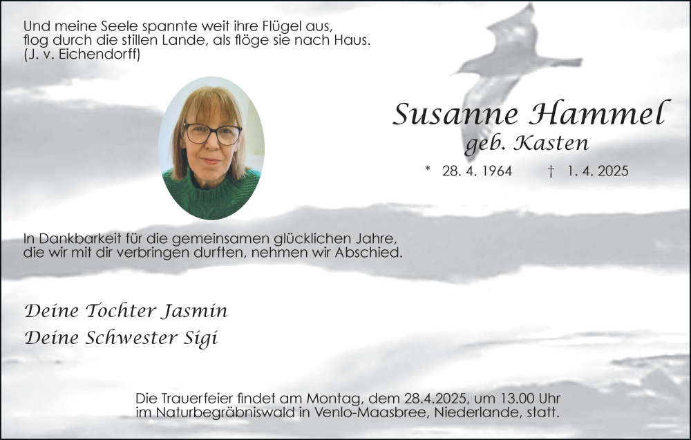  Traueranzeige für Susanne Hammel vom 19.04.2025 aus Tageszeitung