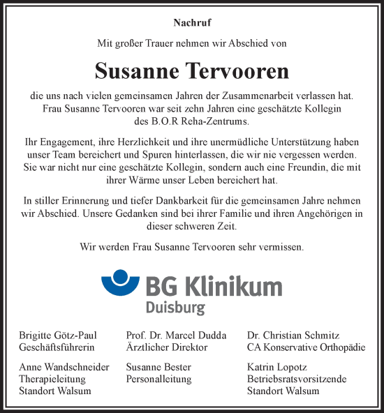 Traueranzeige von Susanne Tervooren von Tageszeitung