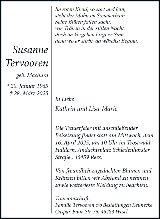Traueranzeige von Susanne Tervooren von Tageszeitung