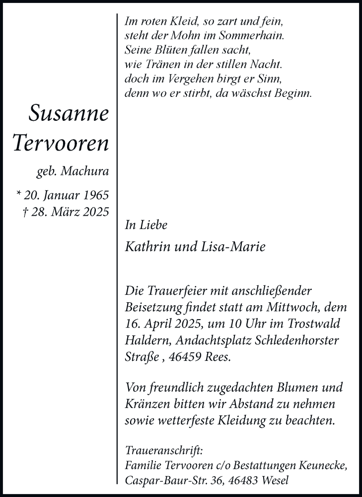  Traueranzeige für Susanne Tervooren vom 05.04.2025 aus Tageszeitung
