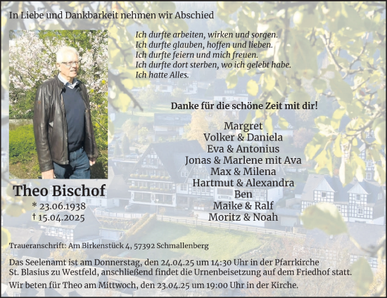 Traueranzeige von Theo Bischof von Tageszeitung