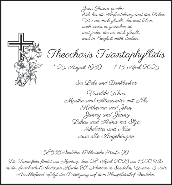 Traueranzeige von Theocharis Triantaphyllidis von Tageszeitung