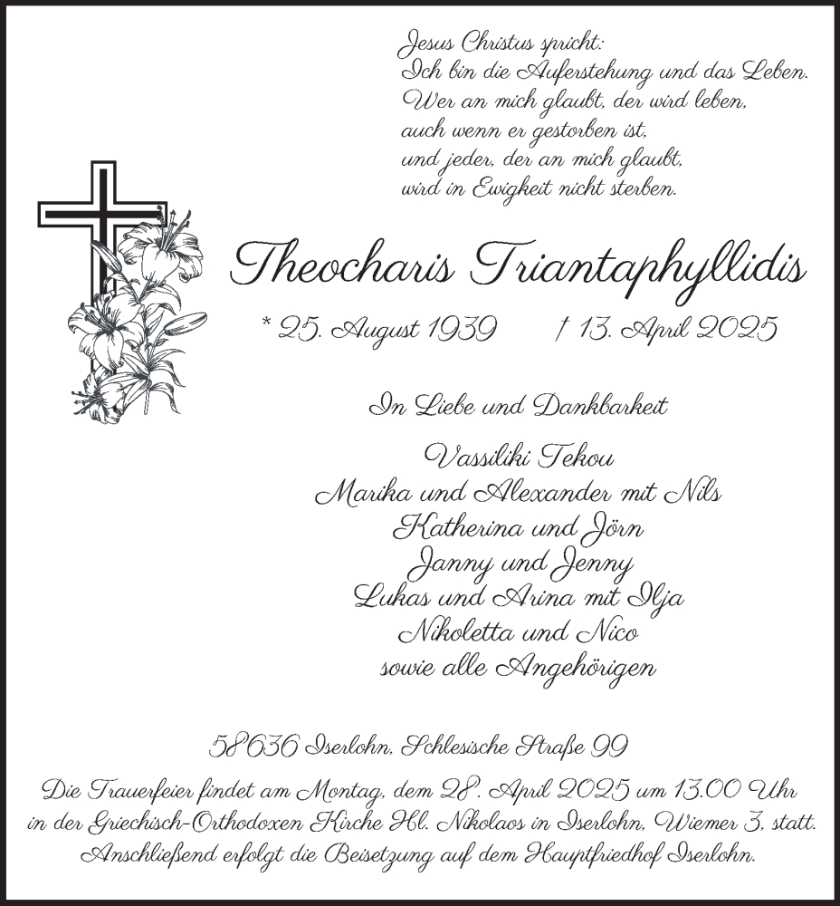  Traueranzeige für Theocharis Triantaphyllidis vom 19.04.2025 aus Tageszeitung