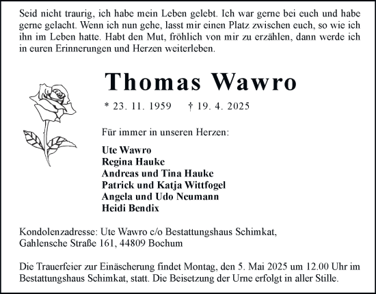 Traueranzeige von Thomas Wawro von Tageszeitung