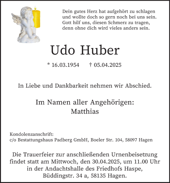 Traueranzeige von Udo Huber von Tageszeitung
