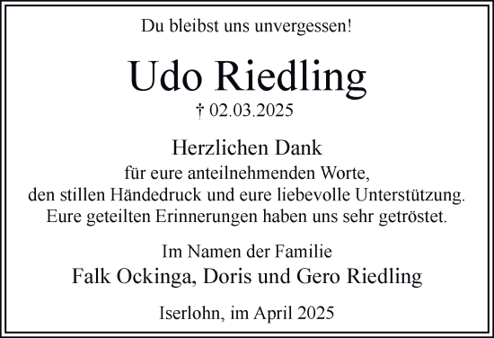 Traueranzeige von Udo Riedling von Tageszeitung