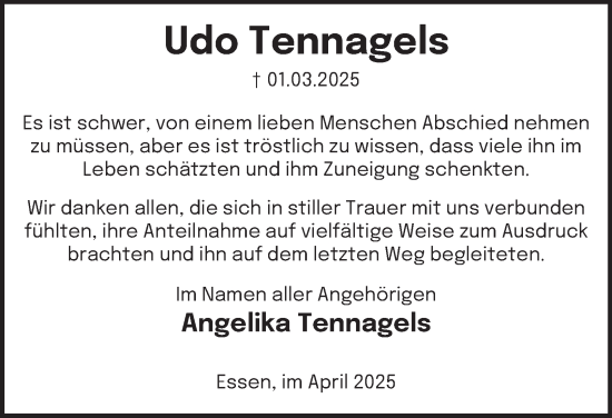 Traueranzeige von Udo Tennagels von Tageszeitung