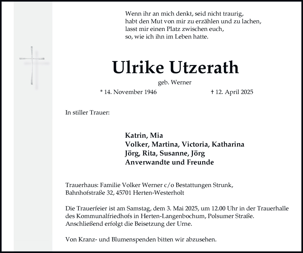  Traueranzeige für Ulrike Utzerath vom 26.04.2025 aus Tageszeitung