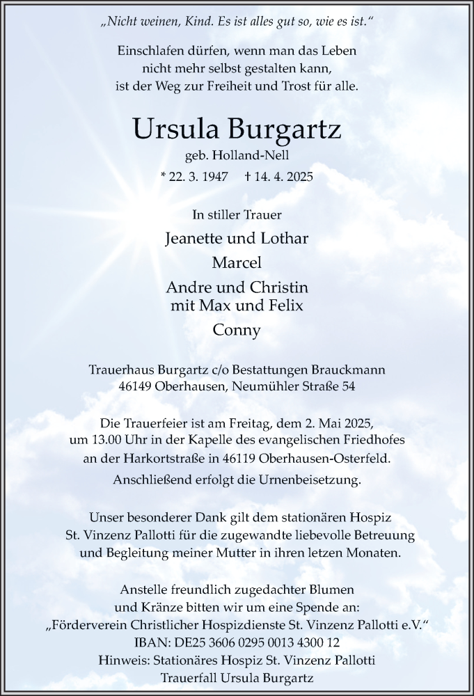  Traueranzeige für Ursula Burgartz vom 26.04.2025 aus Tageszeitung