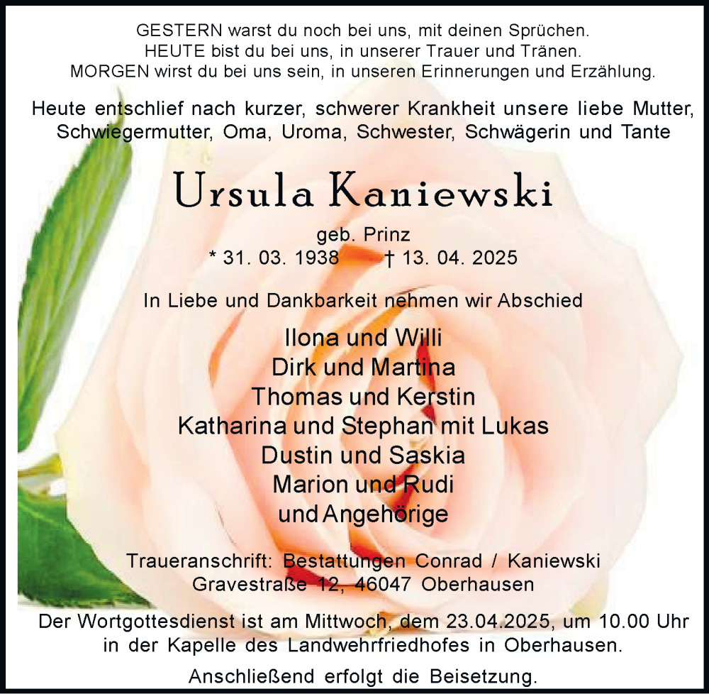  Traueranzeige für Ursula Kaniewski vom 19.04.2025 aus Tageszeitung