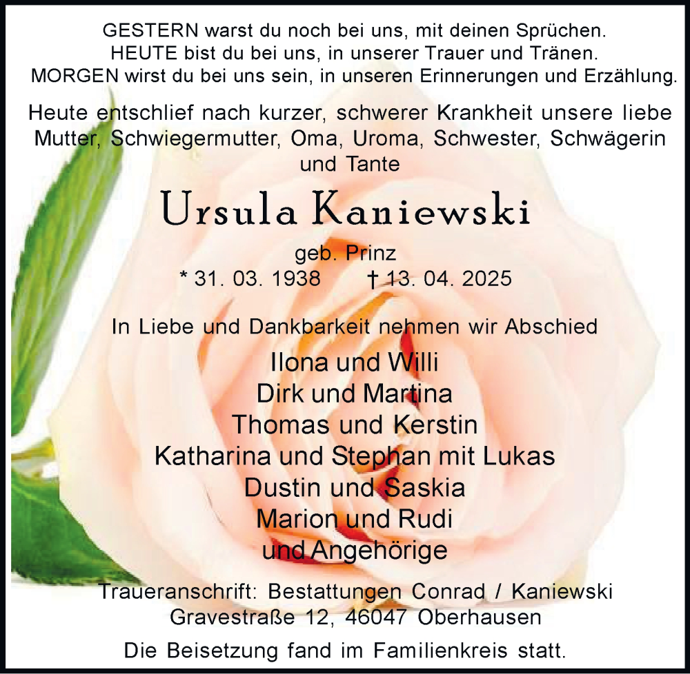  Traueranzeige für Ursula Kaniewski vom 26.04.2025 aus Tageszeitung