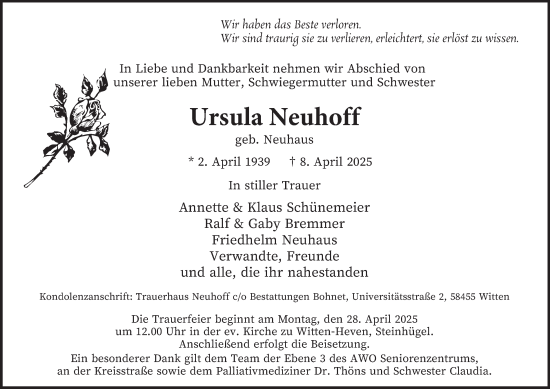 Traueranzeige von Ursula Neuhoff von Tageszeitung