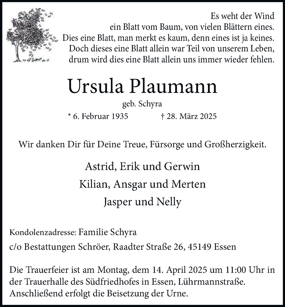  Traueranzeige für Ursula Plaumann vom 05.04.2025 aus Tageszeitung