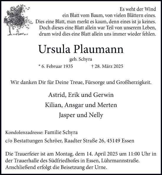Traueranzeige von Ursula Plaumann von Tageszeitung