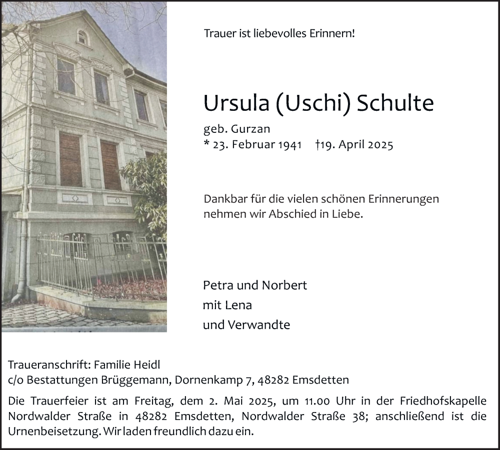  Traueranzeige für Ursula Schulte vom 26.04.2025 aus Tageszeitung