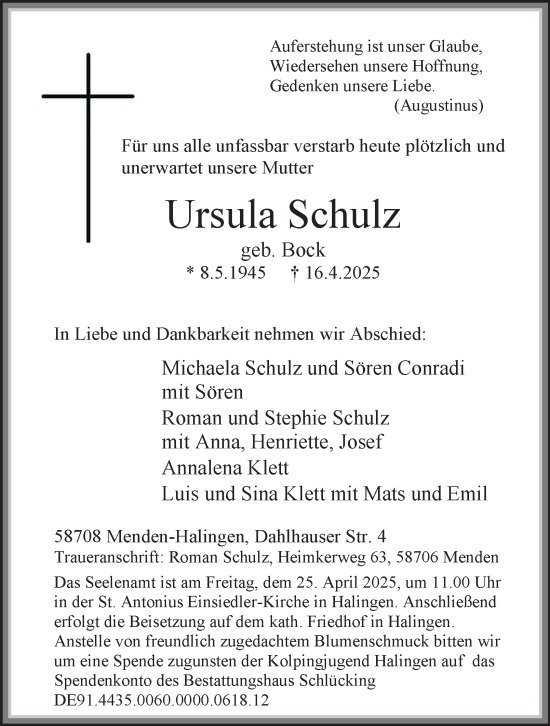 Traueranzeige von Ursula Schulz von Tageszeitung